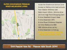 PASCOE VALE Lot 1 544 PASCOE VALE ROAD Prime Location in Strathmore School Zone. A perfect opportunity in Strathmore School Zone for first home buyers, young couples to start a new life, or a great investment with loads of future potential. Minutes away to Melbourne CBD, Tullamarine freeways, Essendon DFO Shopping centre. Walking distance to train stations, school, transports, local amenities etc. Townhouse with 6 star energy rating. Upstairs: Master with BIR, en suite, 2 Additional bedrooms with BIR, all Carpeted, separate bathroom and toilet. Downstairs: Open plan kitchen with meals Area and separate living with study Nook. European Laundry with toilet and internal access to Garage. Approx 20 m2. Extra include: - premium quality fittings and fixtures with stainless steel appliances, dishwasher (Technika brand), Stainless steel down lights, timber floor coverings & square set finish. Braemar heating and cooling systems, alarms systems, ducted vacuum systems and much more. Plans available at request. There is no better place to start your future - enquire now! Offers Invited. CONSTRUCTION WILL BE FINISHED JULY 2014. PRIVATE SALE FOR FURTHER INFORMATION PLEASE CONTACT RICHARD ALI 0411 525 506 OR CHINTAN AMIN 0413 079 599 Inspection Times Saturday , May 17 4:00pm to 4:30pm