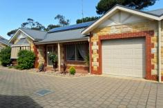 5/22 Brooking Street Goolwa SA 5214 $339,000
You will be impressed from the minute you step inside this immaculately
presented property! Recently repainted throughout, new carpets to all
bedrooms and new pavers to entertaining area. Set in a Fabulous location
in central Goolwa in the very popular Brooking Street. Yes it
is definitely LOCATION, LOCATION, LOCATION! You can easily walk to all
facilities, including shops, pharmacy and doctors! Or take a stroll to
the River or fabulous Goolwa Markets on the updated Goolwa Wharf! The
tiled entry foyer leads to the living and dining areas with 9ft
ceilings, ceiling fan and ducted reverse cycle air conditioning
throughout. Modern, light, bright and very inviting! Galley
style, modern and beautifully appointed kitchen. Pantry with built in
drawers, electric oven, gas cook tops, ample cupboards and benchtops +
dishwasher! The ideal kitchen to cook up a storm for the family and
guests! Overlooking the undercover rear paved pergola with gable roof
and pull down plastic blinds! A fabulous area to entertain. Private
& secure. Master bedroom suite with large bay window and a
"porthole" leadlight style Window that ads to the charm of this property
and continues the "light and bright" feeling throughout. Walk in robe
and ensuite with neutral colours and tones features a shower, vanity and
toilet. 2nd bedroom with a Built in robe & 3rd bedroom with sliding door that leads to the pergola. Main bathroom with neutral modern tones. Spa bath, shower, toilet & vanity. Laundry ideally located alongside the kitchen.