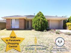  17 Bolivia Cres Paralowie SA 5108 $275,000  A Sparkling Home for a Complete Family! Inspection Times: Sat 19/03/2016 03:00 PM to 03:45 PM Under Instruction from the Public Trustee, this 1993 built home is situated on a large allotment, and will surely impress the buyer looking for a well-maintained home at the right price. This 3 bedroom home will appeal to a wide variety of buyers including first home buyers, investors and retirees.  Closely located to Paralowie Shopping Centre, public transport and schools, making it a must buy for anyone looking to tick all the boxes of a family home. The home has just been re-touched for a cleaner finish and fresh look.  17 Bolivia Crescent, Paralowie has the following features to its credit:  * 	 3 spacious bedrooms  * 	 Kitchen with gas cooktop and pantry  * 	 Big open plan dining and living  * 	 Extra spacious lounge room at the front  * 	 Curtains/blinds to most windows  * 	 Split system a/c to lounge room and master bedroom  * 	 Combustion heater in the lounge room  * 	 Dead lock to front door and key locks to windows for added security  * 	 Gas hot water system  * 	 Bathroom with separate toilet  * 	 A shed at the rear  * 	 Secure carport  * 	 Low maintenance backyard with verandah  This home will sell quickly, so ring me today!  RLA 2140  PROPERTY DETAILS $275,000  ID: 360726 Land Area: 586 m² Building Area: 123 