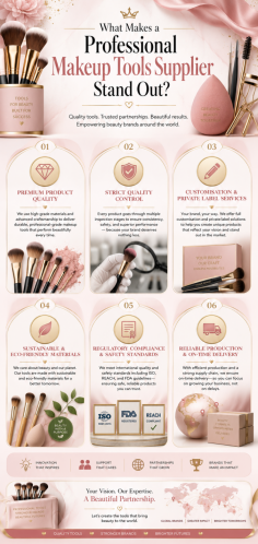 A professional Makeup Tools Supplier stands out through consistent product quality, strict manufacturing standards, and a commitment to innovation. Beauty brands rely on suppliers that offer durable brushes, sponges, applicators, and other tools designed for performance and user comfort. Key factors include quality control, customisation options, sustainable materials, regulatory compliance, and reliable delivery schedules. An experienced Makeup Tools Supplier also provides product development support, helping brands create unique solutions that meet market demands. By combining expertise, advanced production capabilities, and customer-focused service, the right supplier becomes a valuable partner in building a successful and trusted beauty brand.